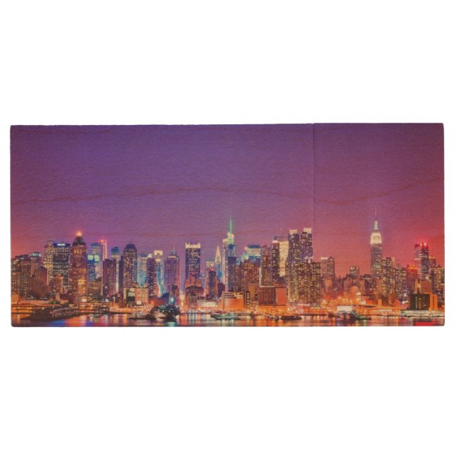 Midtown Manhattan at night with Empire Stae Wood Flash Drive (Front)