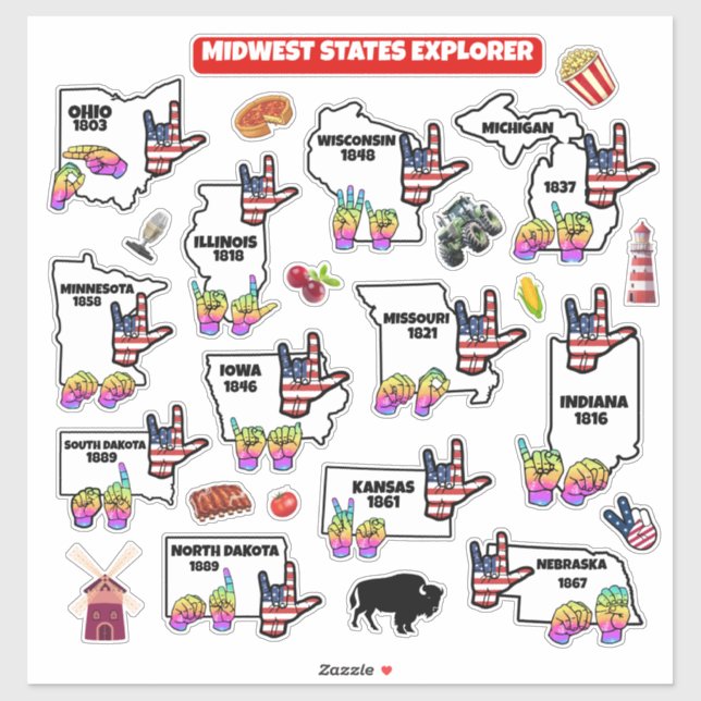 Midwest Learning Map – ASL & State Symbols Sticker (Sheet)