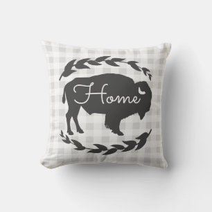 Midwest Rustic Gray Bison & Laurels Plaid Throw Pillow