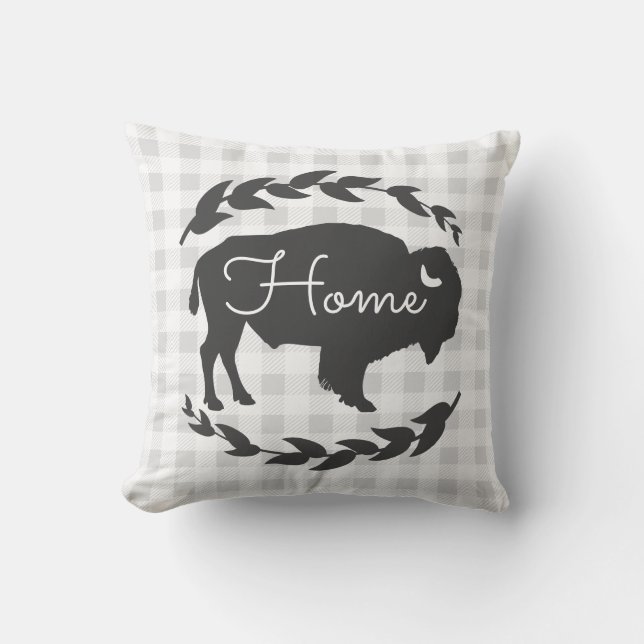 Midwest Rustic Gray Bison & Laurels Plaid Throw Pillow (Front)