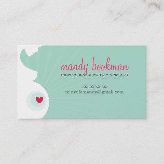 MIDWIFE DOULA CARD pregnant belly heart mint green (Front)