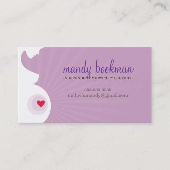 MIDWIFE DOULA CARD pregnant belly heart purple (Front)