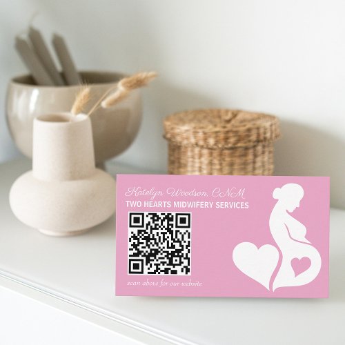 Midwife Doula Pink Pregnancy Silhouette QR Code Business Card