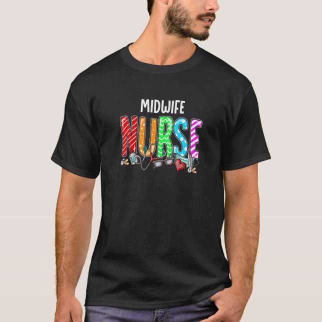 Midwife Nurse Plaid Red Love Heart Stethoscope RN  T-Shirt (Front)