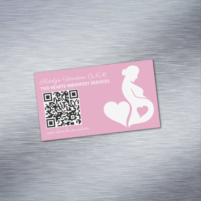 Midwife or Doula Pink Pregnancy OBGYN QR Code Business Card Magnet (In Situ)