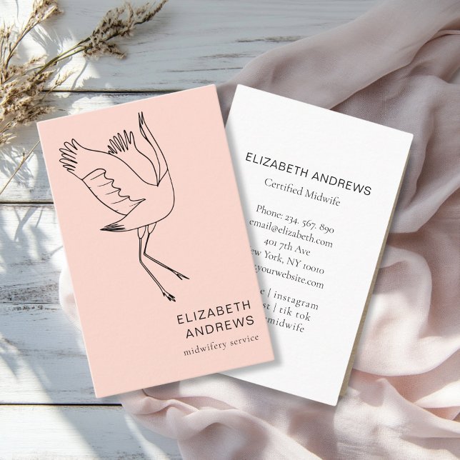 Midwife, Storch, Peach-Blush Business Card (Modern, peach-blush business card. Line Art Illustration, Storch. For childcare, midwives and more.)