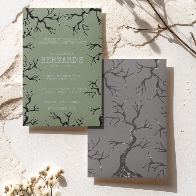 Mighty as the Oak Spooky Adult Birthday Invitation (Spooky Old Oak Trees Hand-Drawn in Black Ink Perfect for an Over the Hill Haunted Birthday Party.)