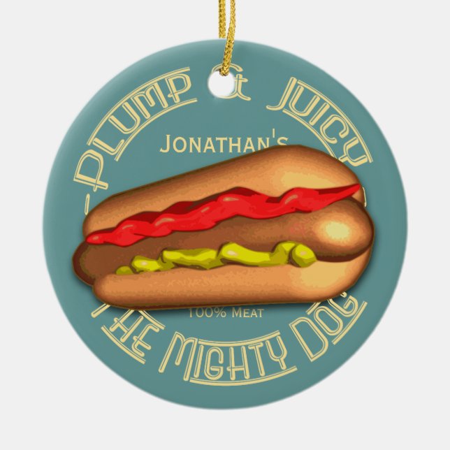 Mighty Dog Hotdog Personalized Ceramic Ornament (Front)
