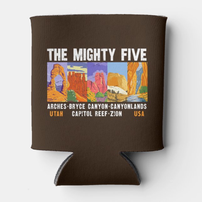 Mighty Five Utah National Parks List Vintage Can Cooler (Front)