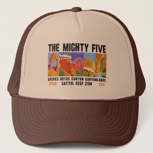 Mighty Five Utah National Parks List Vintage Trucker Hat (Front)