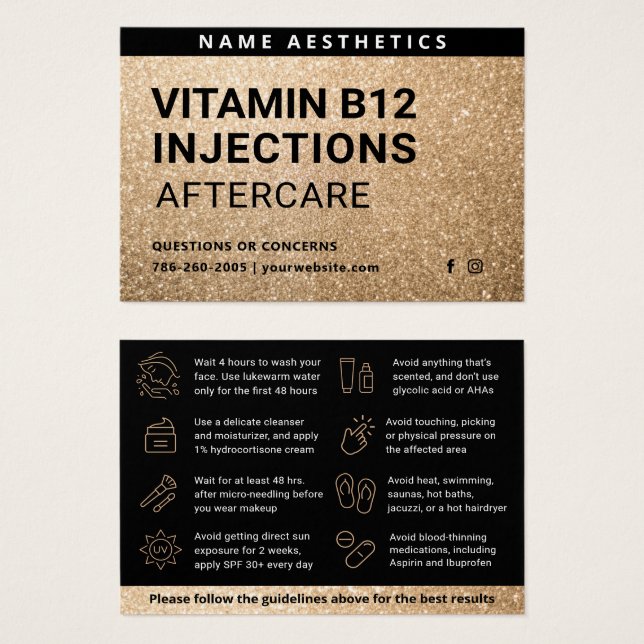 Mighty Glitter Gold Dermal Filler Aftercare Card (Front & Back)