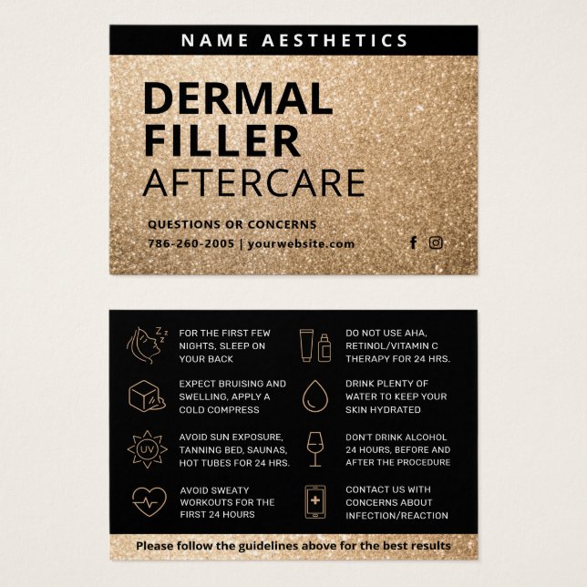 Mighty Glitter Gold Dermal Filler Aftercare Card (Front & Back)