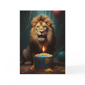 Mighty Lion with a Birthday Cake Thank You Card