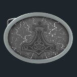 Mighty Mjolnir Belt Buckle<br><div class="desc">The Norse symbol for Thor's Hammer over lightning and a dark grey background. Display this symbol of might everywhere you go!</div>