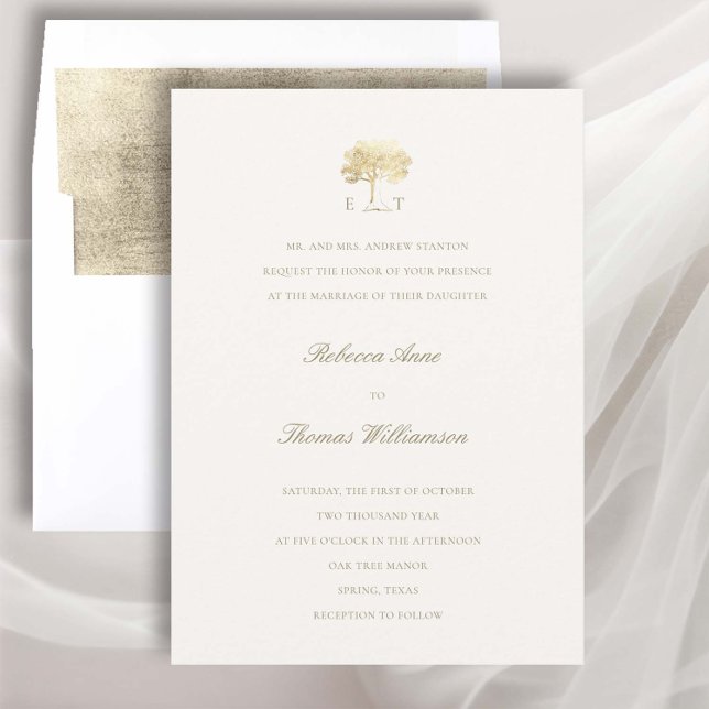 Mighty Oak Faux Gold Formal Traditional Wedding Invitation (golden oak tree wedding invitation fall autumn mountain rustic formal traditional elegant classic)