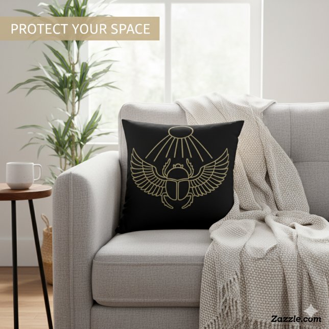 Mighty Scarab Golden Guardian Egyptian Art Throw Pillow (Creator Uploaded)