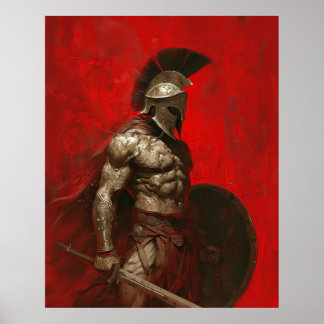 Mighty Spartan Warrior Holding Sword and Shield Po Poster