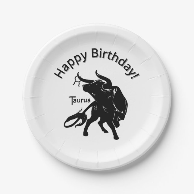 Mighty Taurus the Bull Zodiac Happy Birthday Paper Plates (Front)