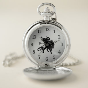 Mighty Taurus the Bull Zodiac w Black Numbers Pocket Watch
