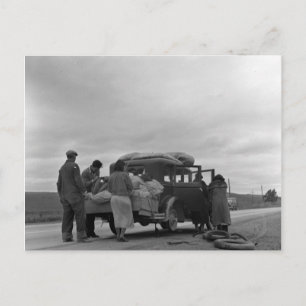 Migrants in 1936 with tire problems postcard