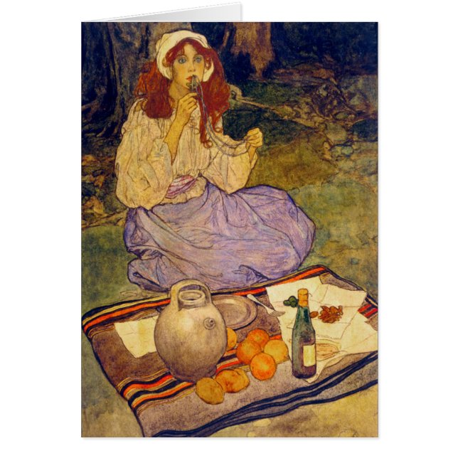 Miguela, kneeling still, put it to her lip cards (Front)