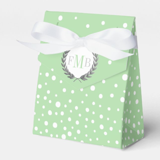 Miin green and white polka dot pattern wedding fav favor boxes (Front Side)