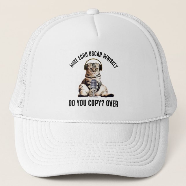 Mike Echo Oscar Whiskey Ham Radio Cat Trucker Hat (Front)