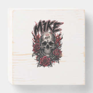Mike Gothic Skull with Red Roses and Flames Wooden Box Sign