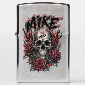 Mike Gothic Skull with Red Roses and Flames Zippo Lighter