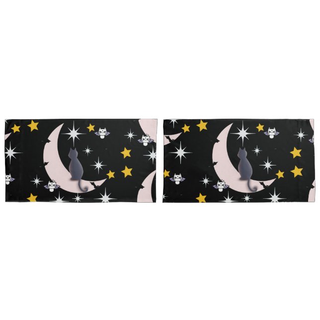 Mikitiez black cat bat halloween fall winter moon pillow case (Front-Set)