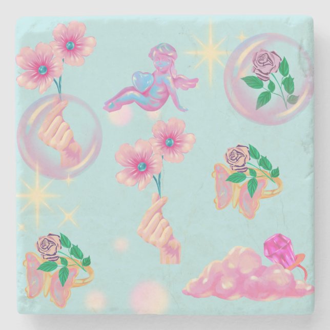 Mikitiez fairy angle blue sky candy poppy love stone coaster (Front)