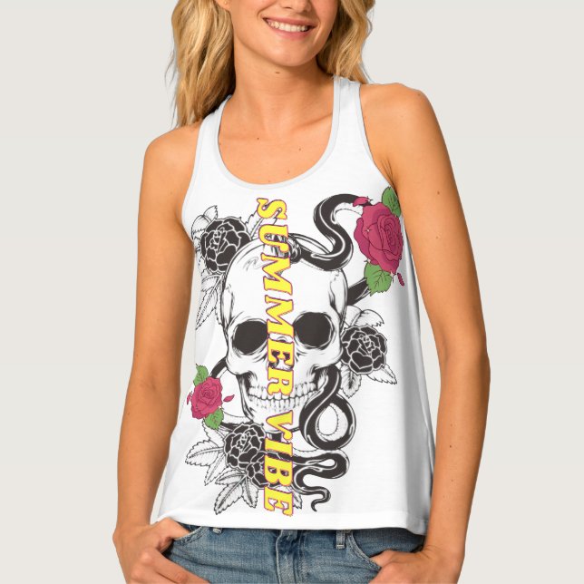 Mikitiez skull tatto roes rock punk tank top (Front)