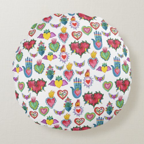Milagros Flaming Hearts Watercolor Valentines Love Round Pillow