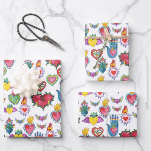 Milagros Flaming Hearts Watercolor Valentines Love Wrapping Paper Sheets