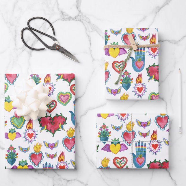 Milagros Flaming Hearts Watercolor Valentines Love Wrapping Paper Sheets (Front)