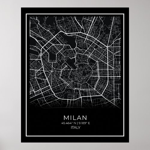 Milan City Map _ Milan Black Map Poster