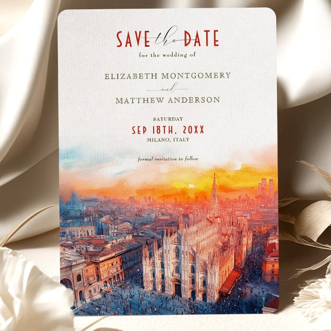 Milan Duomo Save Date Vibrant Watercolor Sunset Invitation (Creator Uploaded)