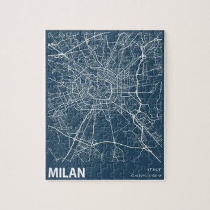 Milan Italy Minimalist City Map Line Art in Blue Jigsaw Puzzle