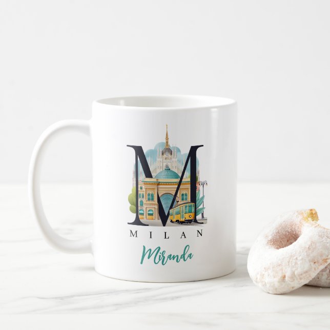 Milan Italy Monogram Letter M Personalized Gift Coffee Mug (With Donut)