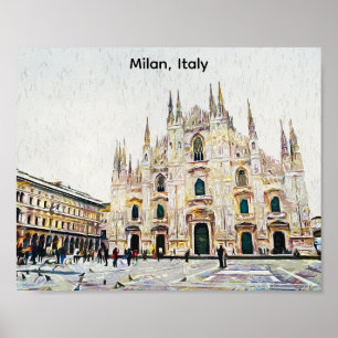 Milan Italy Oil Paint Illustration Poster