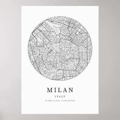 Milan Italy Street Layout Map Poster