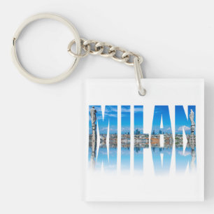 Milan label composed of Milan skyline in Italy Keychain