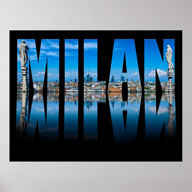 Milan label composed of Milan skyline in Italy Poster (Front)