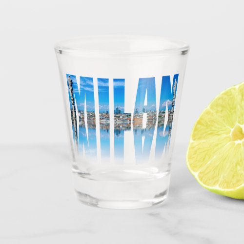 Milan label composed of Milan skyline in Italy Shot Glass