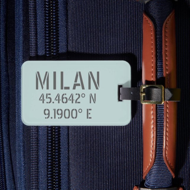 Milan Latitude Longitude Luggage Tag (Front Insitu 4)