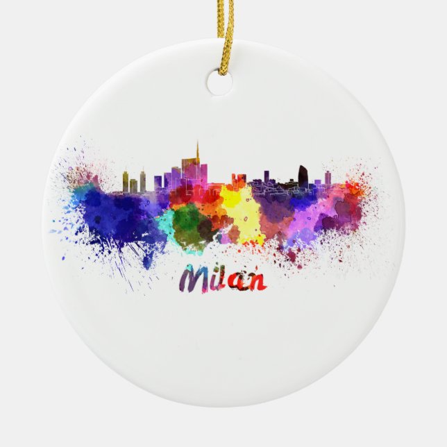 Milan skyline in watercolor ceramic ornament (Front)