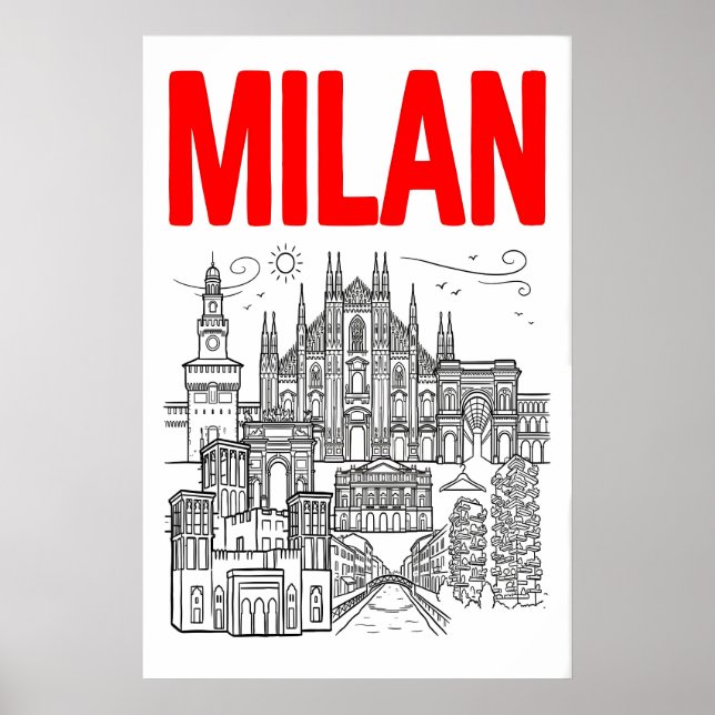 Milan Skyline Wall Art - Graphic Poster Style with (Front)