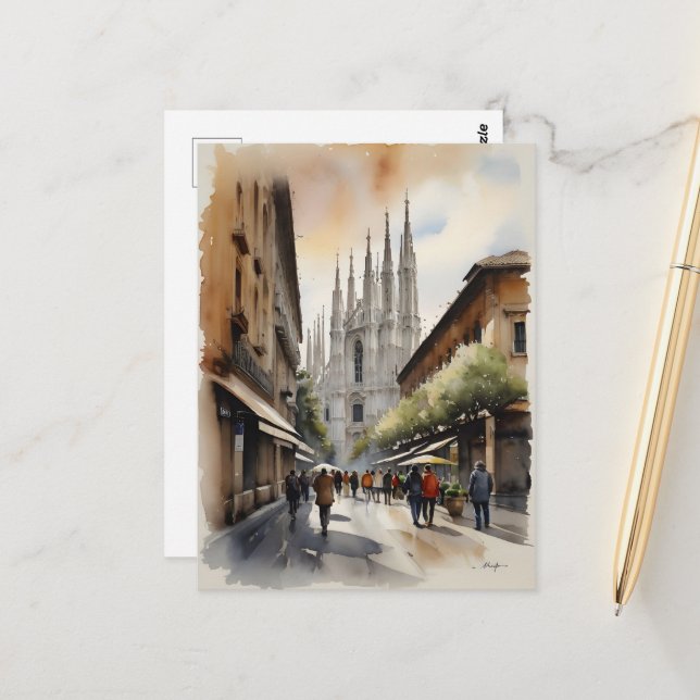 Milan watercolor art postcard (Front/Back In Situ)