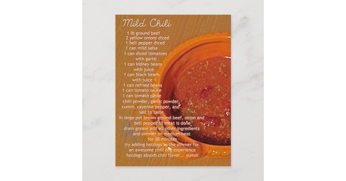 mild chili recipe card | Zazzle