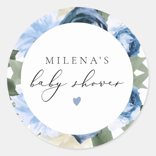 MILENA Dusty Blue Floral Boy Baby Shower Classic Round Sticker